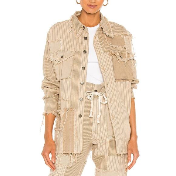 SER O YA Kara Beige Stripe Patchwork Oversized Shirt Size XS - Picture 1 of 9